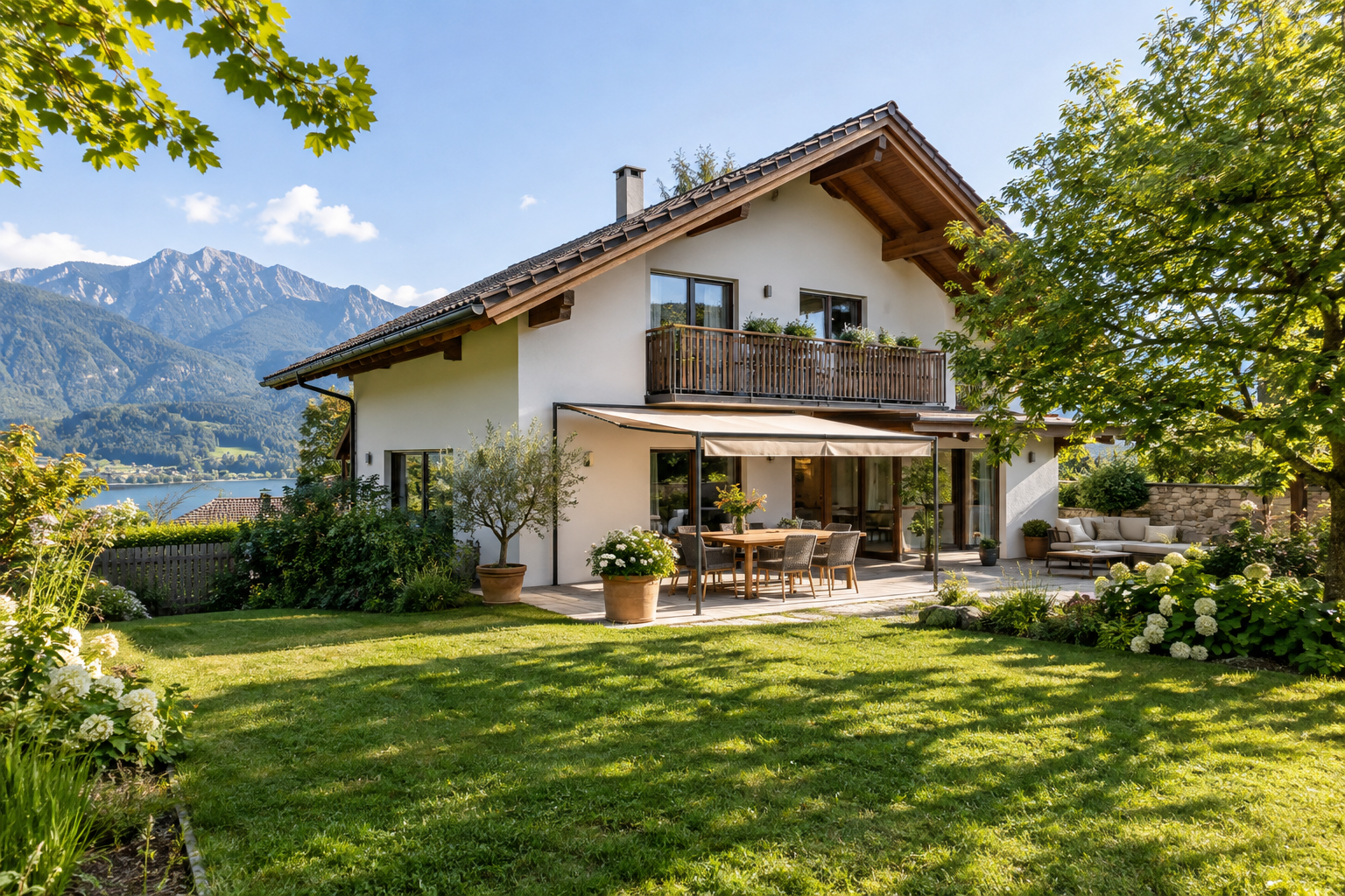 Gepflegtes Haus mit Terrasse und Blick in einen österreichischen Garten