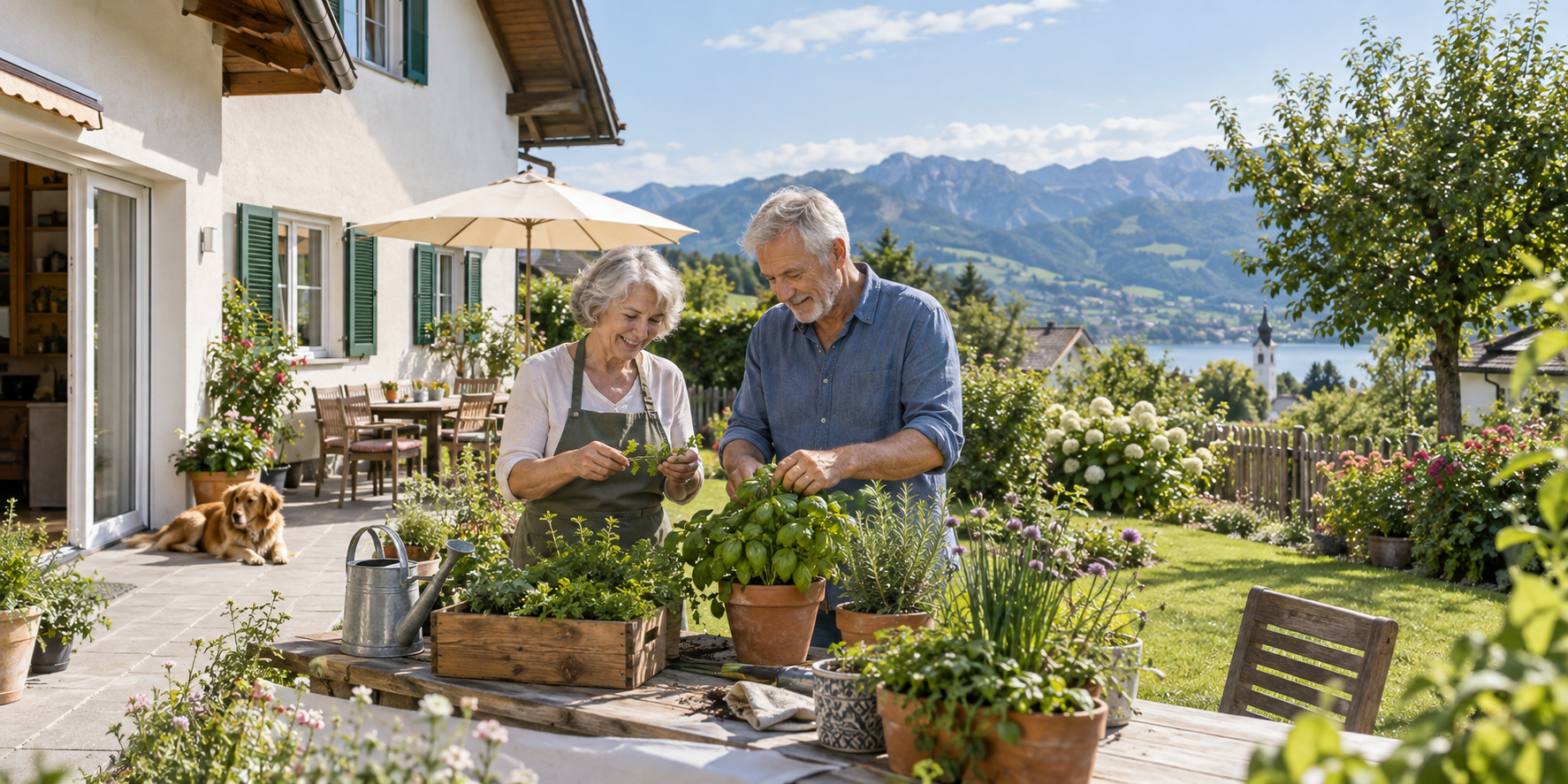 Älteres Paar auf der Terrasse eines österreichischen Hauses